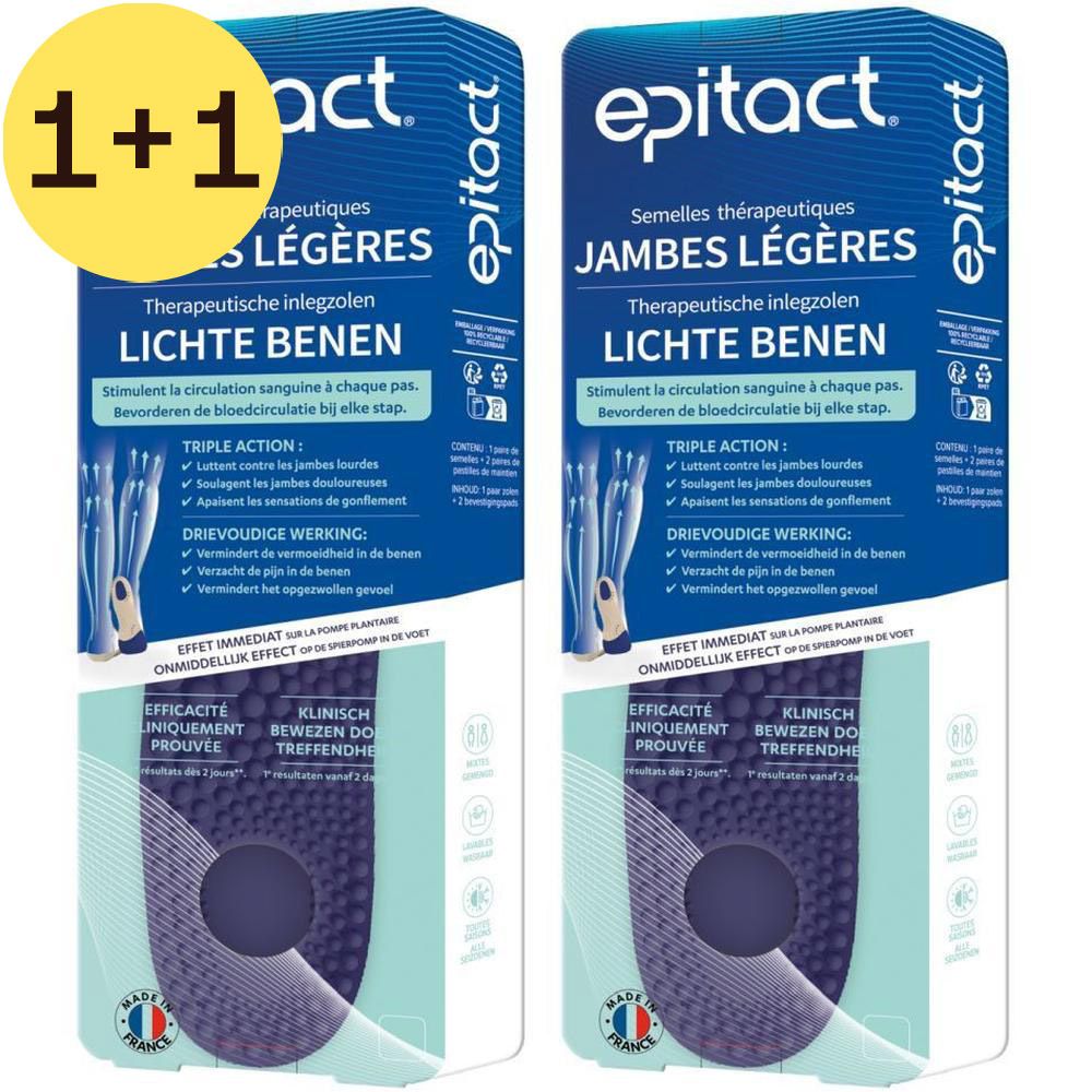 Deux boîtes de semelles Epitact® Jambes Légères. Emballage bleu avec nom du produit et offre 1+1 gratuit.