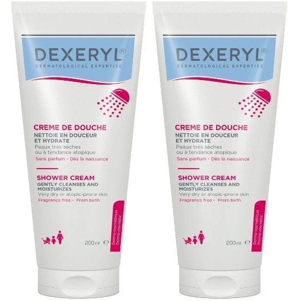 Deux tubes de Dexeryl Crème De Douche. Blancs, avec texte bleu et rose. Contient 200 ml.