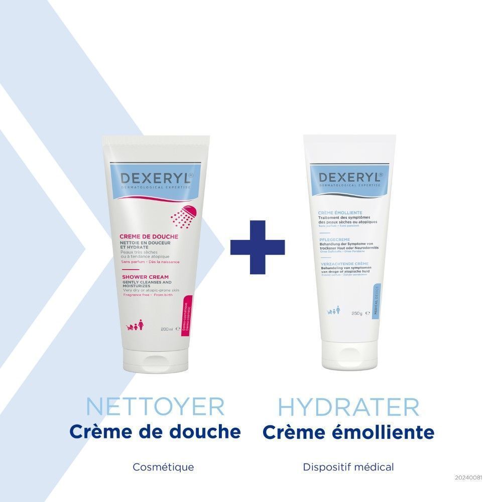 Deux produits: Dexeryl Crème De Douche et Crème émolliente. Cosmétique et dispositif médical.