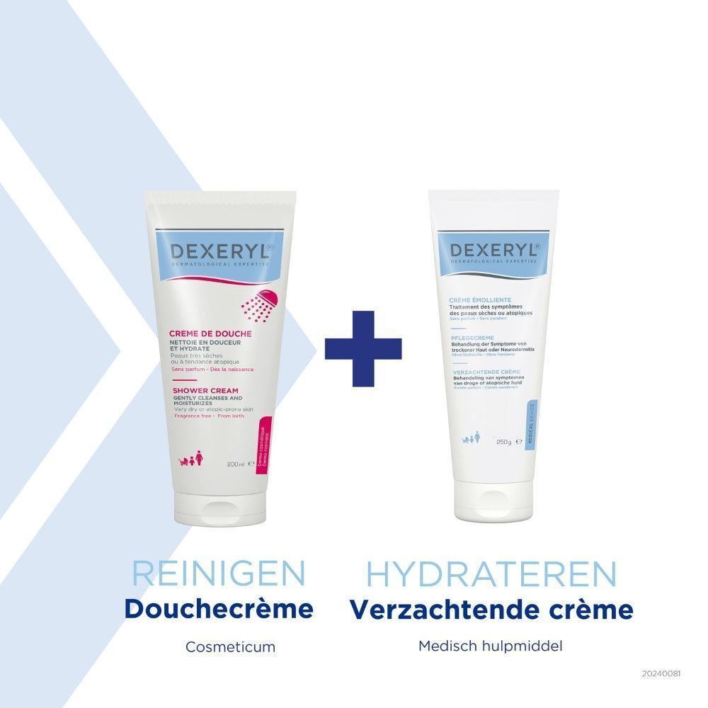 Twee producten: Dexeryl Crème De Douche en Crème émolliente. Cosmetica en medisch hulpmiddel.