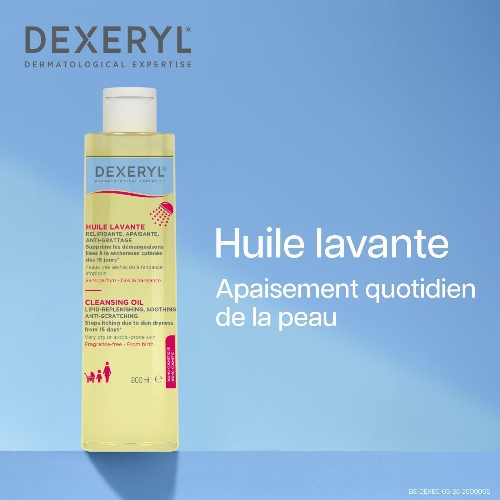 Flacon d'Huile Lavante Dexeryl. Liquide jaune, bouchon blanc, étiquettes bleues et blanches. Texte en français.