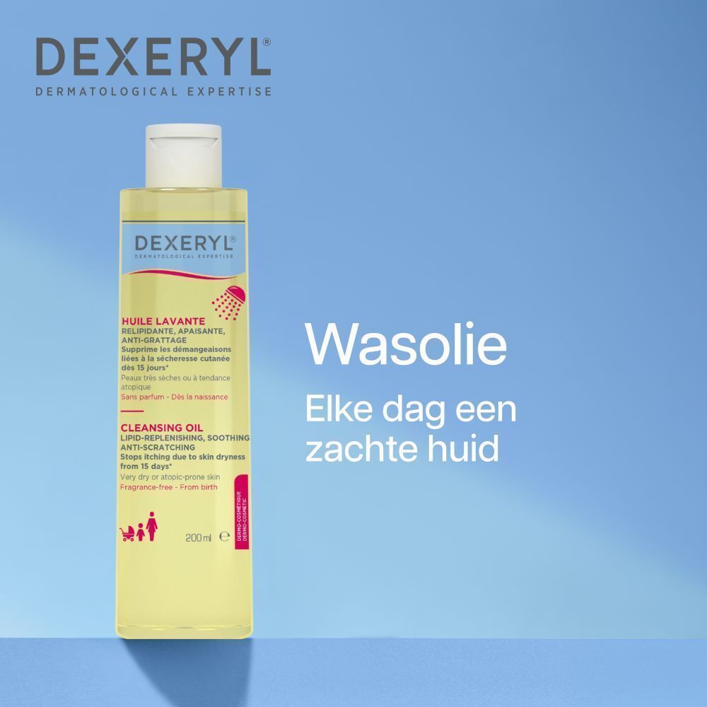 Fles Dexeryl Huile Lavante. Gele vloeistof, witte dop, blauwe en witte etiketten. Franse tekst.