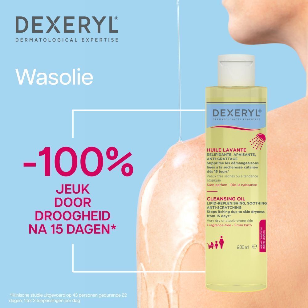 Fles Dexeryl Huile Lavante. Gele vloeistof, witte dop, blauwe en witte etiketten. Franse tekst.