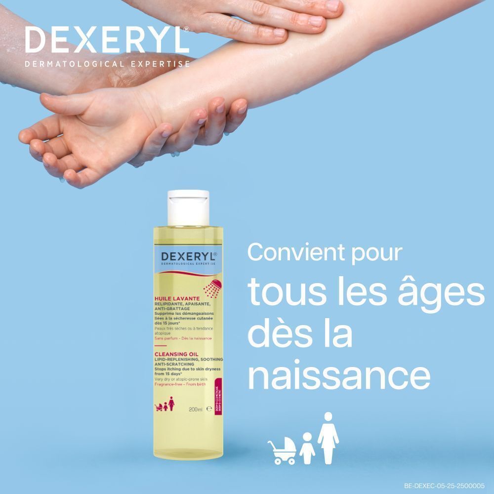 Flacon d'Huile Lavante Dexeryl. Liquide jaune, bouchon blanc, étiquettes bleues et blanches. Texte en français.
