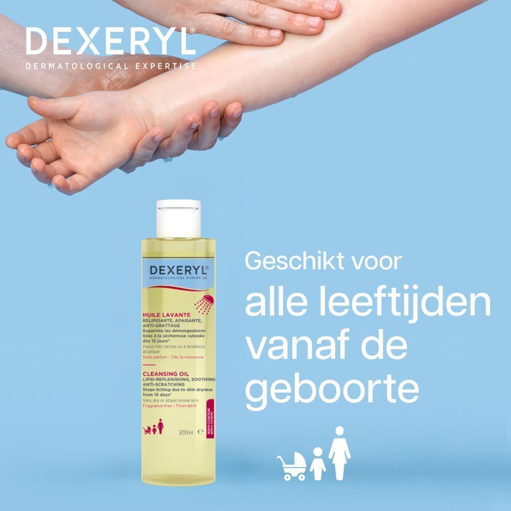 Fles Dexeryl Huile Lavante. Gele vloeistof, witte dop, blauwe en witte etiketten. Franse tekst.