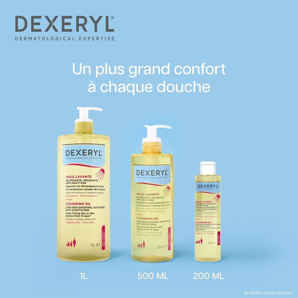 Trois flacons d'Huile Lavante Dexeryl. Liquide jaune, bouchons blancs, étiquettes bleues et blanches. Texte en français.
