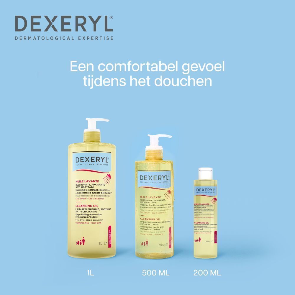 Drie flessen Dexeryl Huile Lavante. Gele vloeistof, witte doppen, blauwe en witte etiketten. Franse tekst.