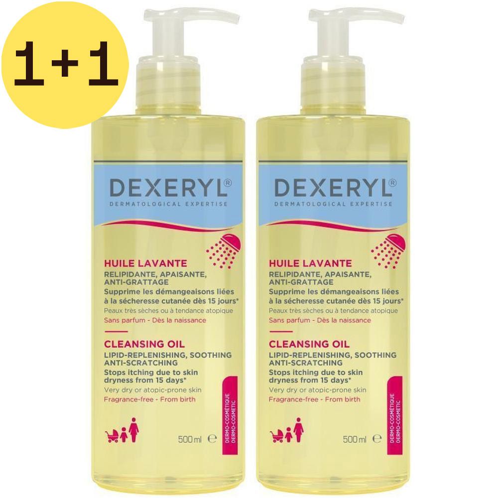 Deux flacons Dexeryl Huile Lavante. Liquide jaune avec pompe. Inscription: Huile Lavante, 500ml.