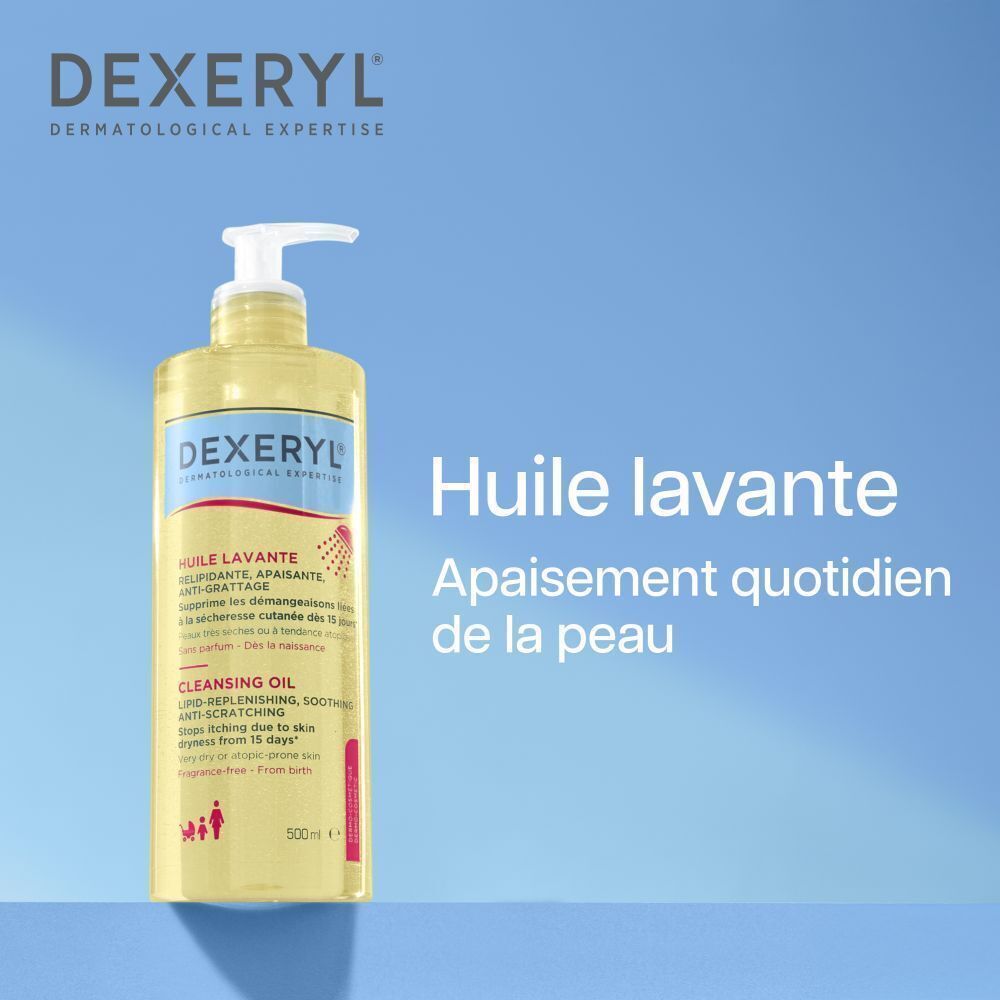 Flacon Dexeryl Huile Lavante. Liquide jaune avec pompe. Inscription: Huile Lavante, 500ml. Fond bleu.