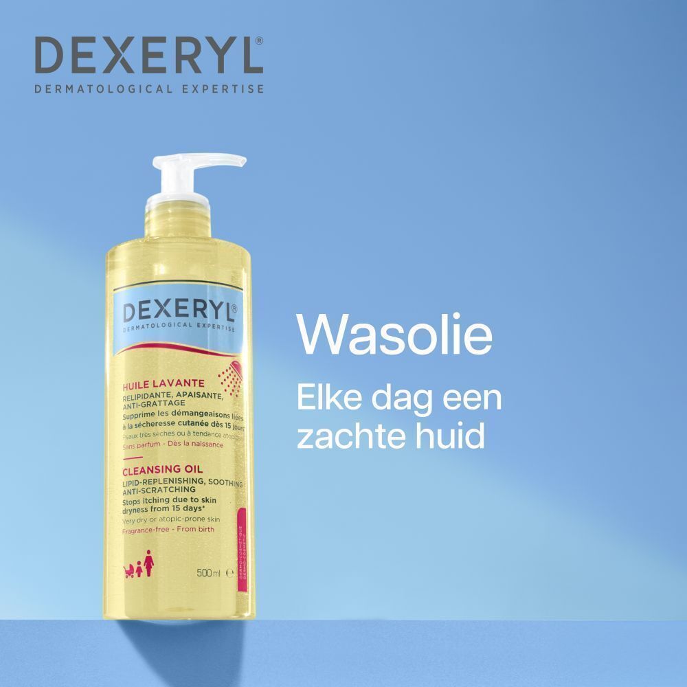 Fles Dexeryl Huile Lavante. Gele vloeistof met pomp. Opschrift: Huile Lavante, 500ml. Blauwe achtergrond.