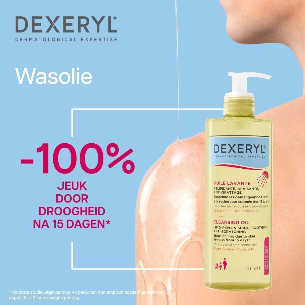 Fles Dexeryl Huile Lavante. Gele vloeistof met pomp. Opschrift: Huile Lavante, 500ml. Tekst: -100% jeuk door droogheid.