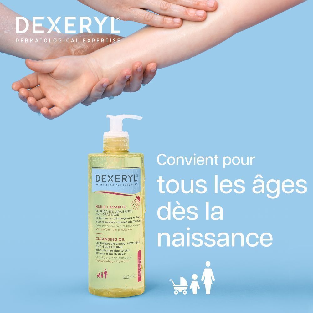 Flacon Dexeryl Huile Lavante. Liquide jaune avec pompe. Inscription: Huile Lavante, 500ml. Texte: Convient pour tous les âges.