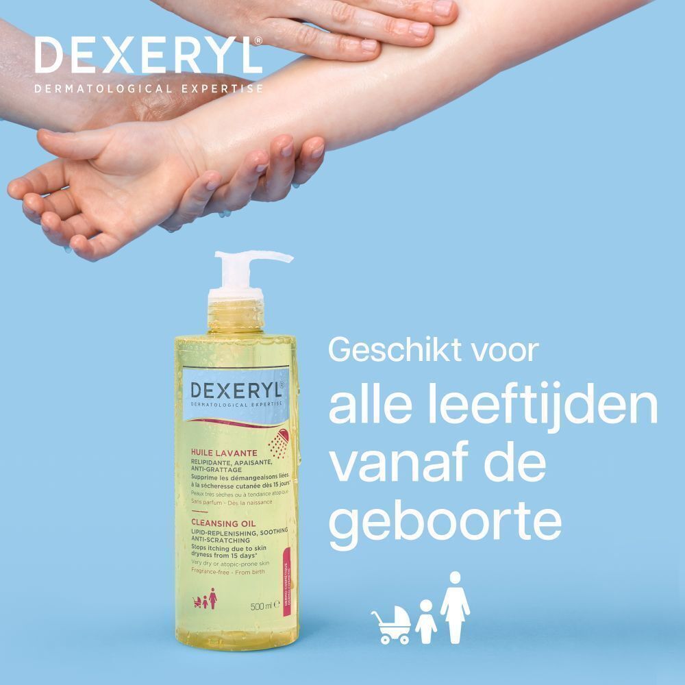 Fles Dexeryl Huile Lavante. Gele vloeistof met pomp. Opschrift: Huile Lavante, 500ml. Tekst: Geschikt voor alle leeftijden vanaf de geboorte.