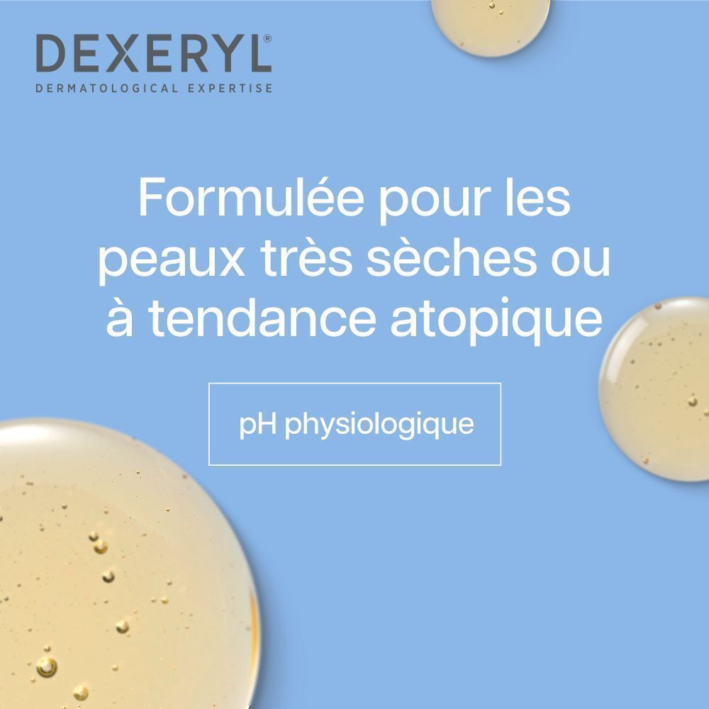 Gouttes de liquide jaune. Texte: Formulé pour les peaux très sèches ou à tendance atopique. pH physiologique.