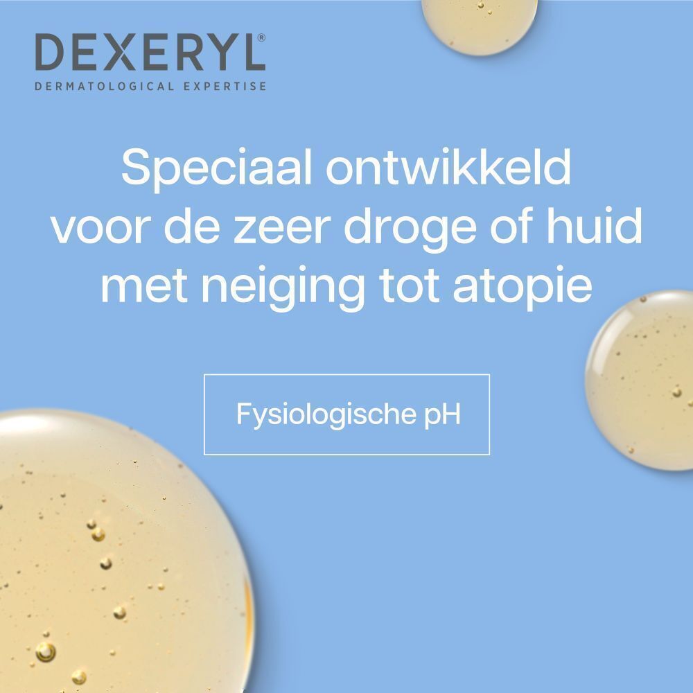 Gele vloeistofdruppels. Tekst: Speciaal ontwikkeld voor de zeer droge of huid met neiging tot atopie. Fysiologische pH.