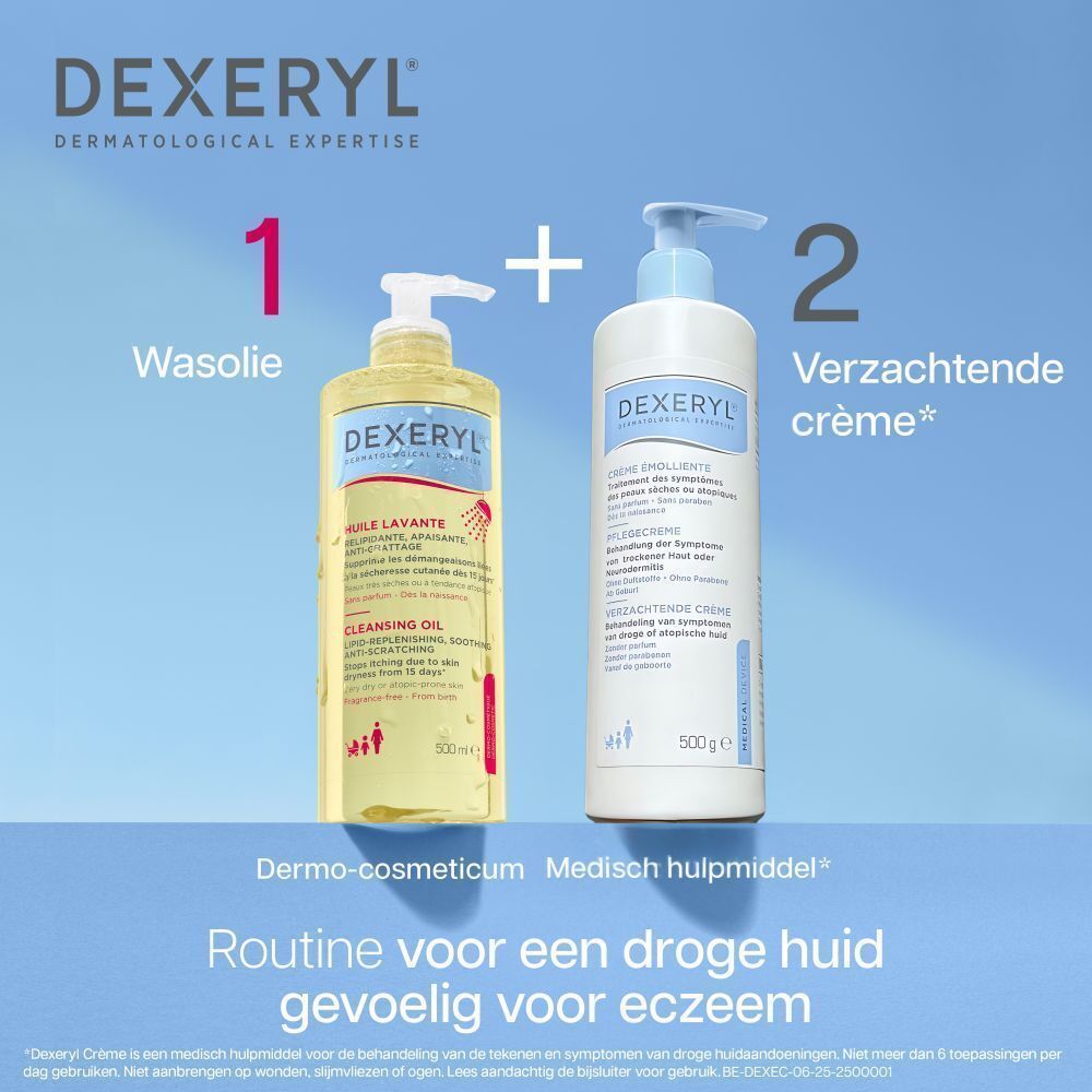 Fles Dexeryl Huile Lavante en crème. Opschrift: Huile Lavante en Verzachtende crème. Tekst: Routine voor een droge huid gevoelig voor eczeem.