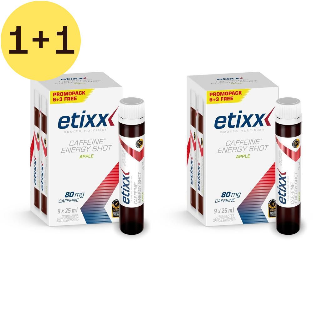 Twee dozen en twee shots. Op de dozen staat "etixx Caffeine Energy Shot Apple". Op de shots staat "etixx Caffeine Energy Shot".