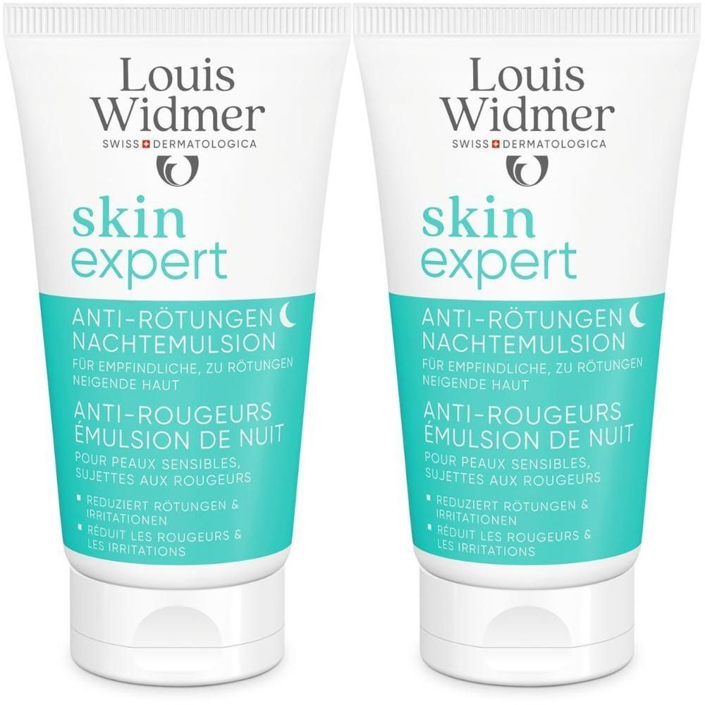 Twee tubes Louis Widmer Skin Expert Anti-Rougeurs Émulsion de Nuit. Sticker 1+1 GRATIS. Witte tubes met groene en turquoise tekst.