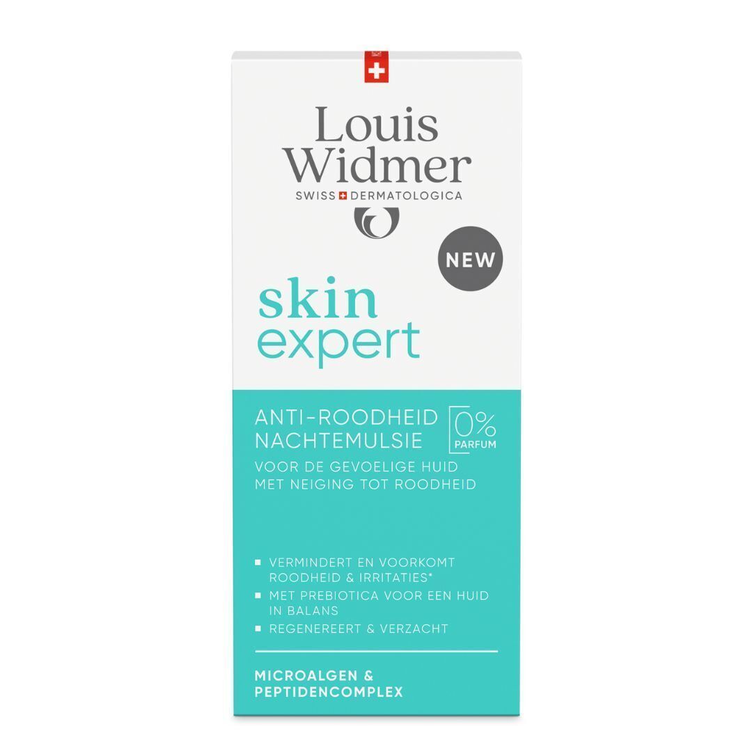 Louis Widmer Skin Expert Anti-Roodheid Nachtemulsie. Witte verpakking met groene en zwarte tekst. Met het label 'NEW'.