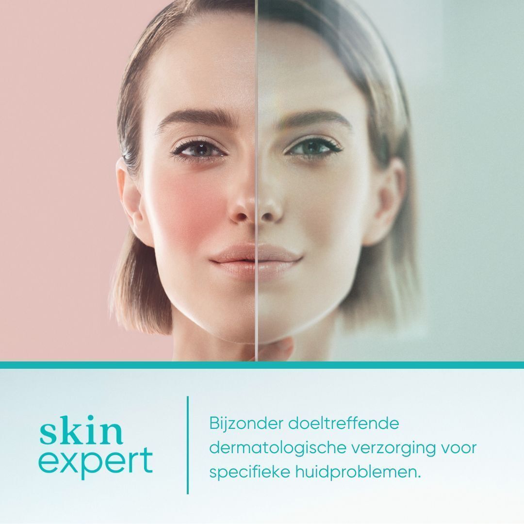 Gezicht van een vrouw, deels rood, deels normaal. Tekst: Skin Expert. Bijzonder doeltreffende dermatologische verzorging voor specifieke huidproblemen.