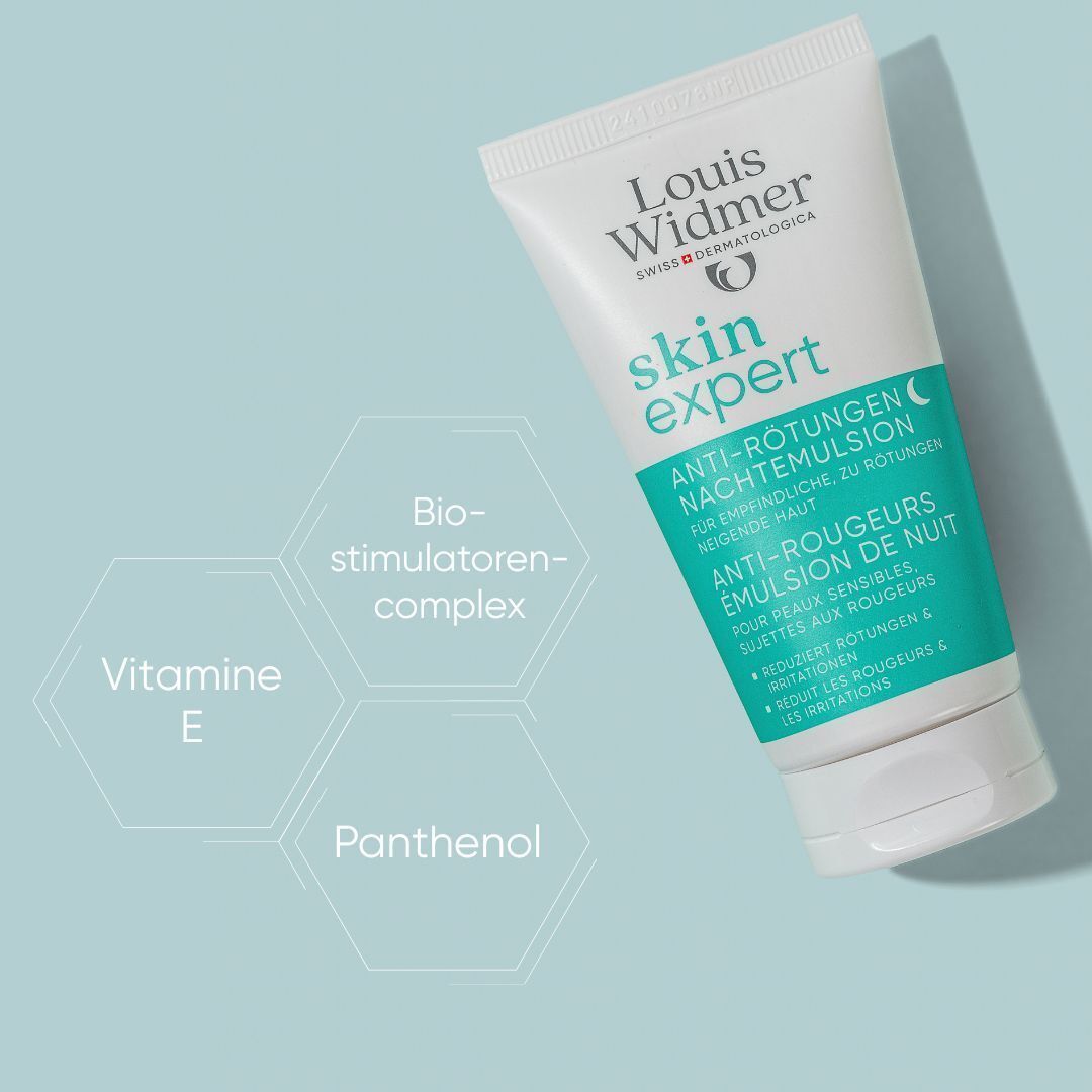 Louis Widmer Skin Expert Anti-Roodheid Nachtemulsie. Witte tube met groene tekst. Extra graphics: Vitamine E, Panthenol, Biostimulanten.
