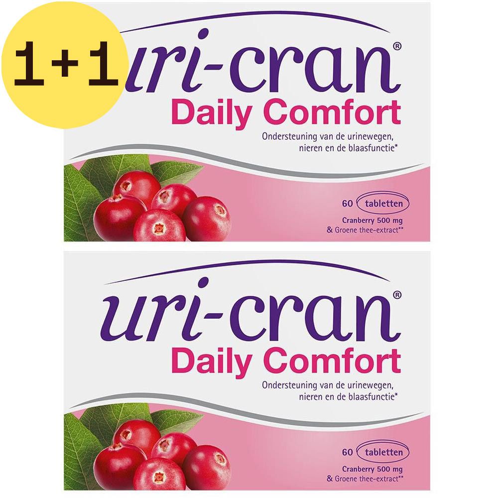 Verpakking van Uri-Cran Daily Comfort. Wit met paarse tekst en cranberry-illustratie. Bevat 60 tabletten.