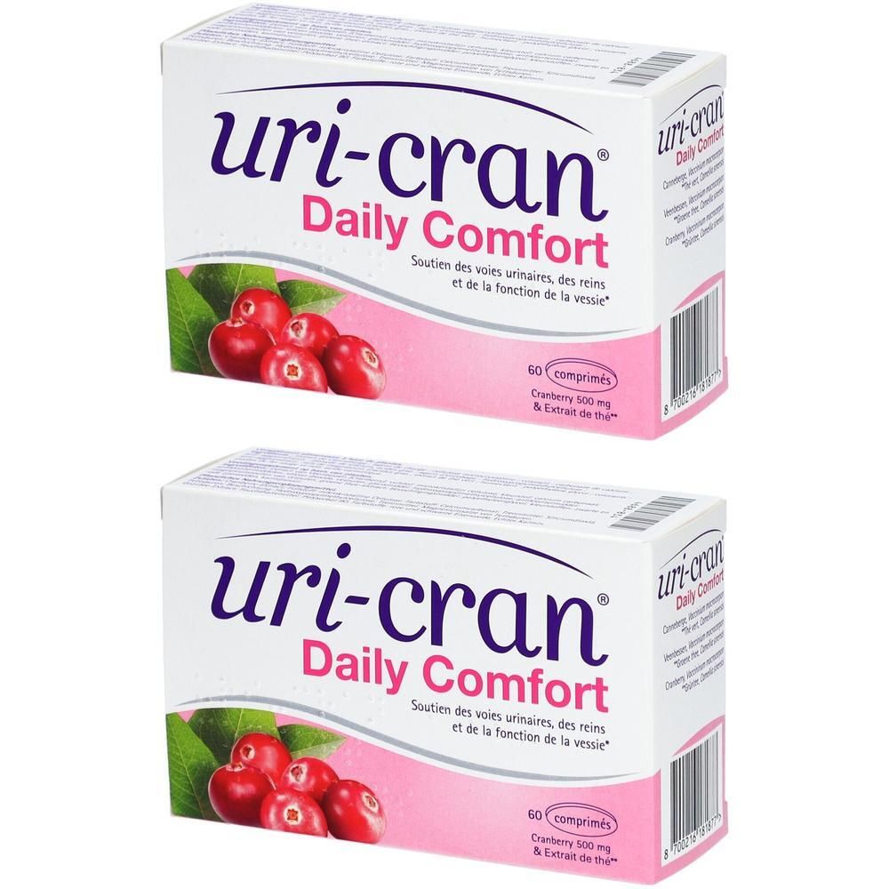 Deux boîtes Uri-Cran Daily Comfort avec cranberries et extrait de thé vert.