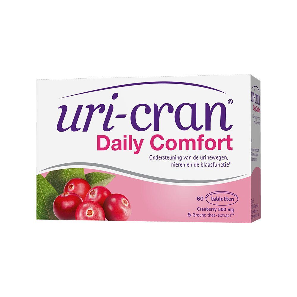Twee verpakkingen Uri-Cran Daily Comfort. Wit met paarse tekst en cranberry-illustratie. Bevat 60 tabletten.