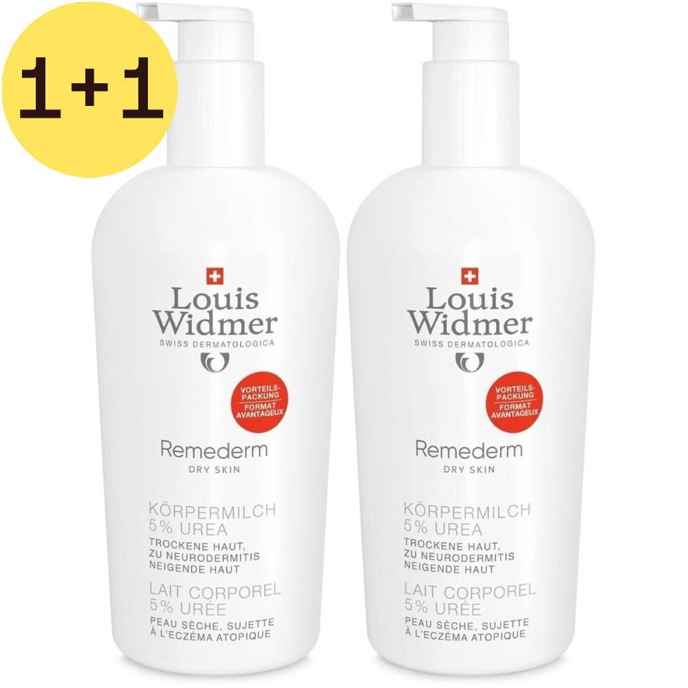 Twee witte flessen Louis Widmer Remederm bodylotion met pomp. Opschrift: 5% Urea, droge huid, eczeem.