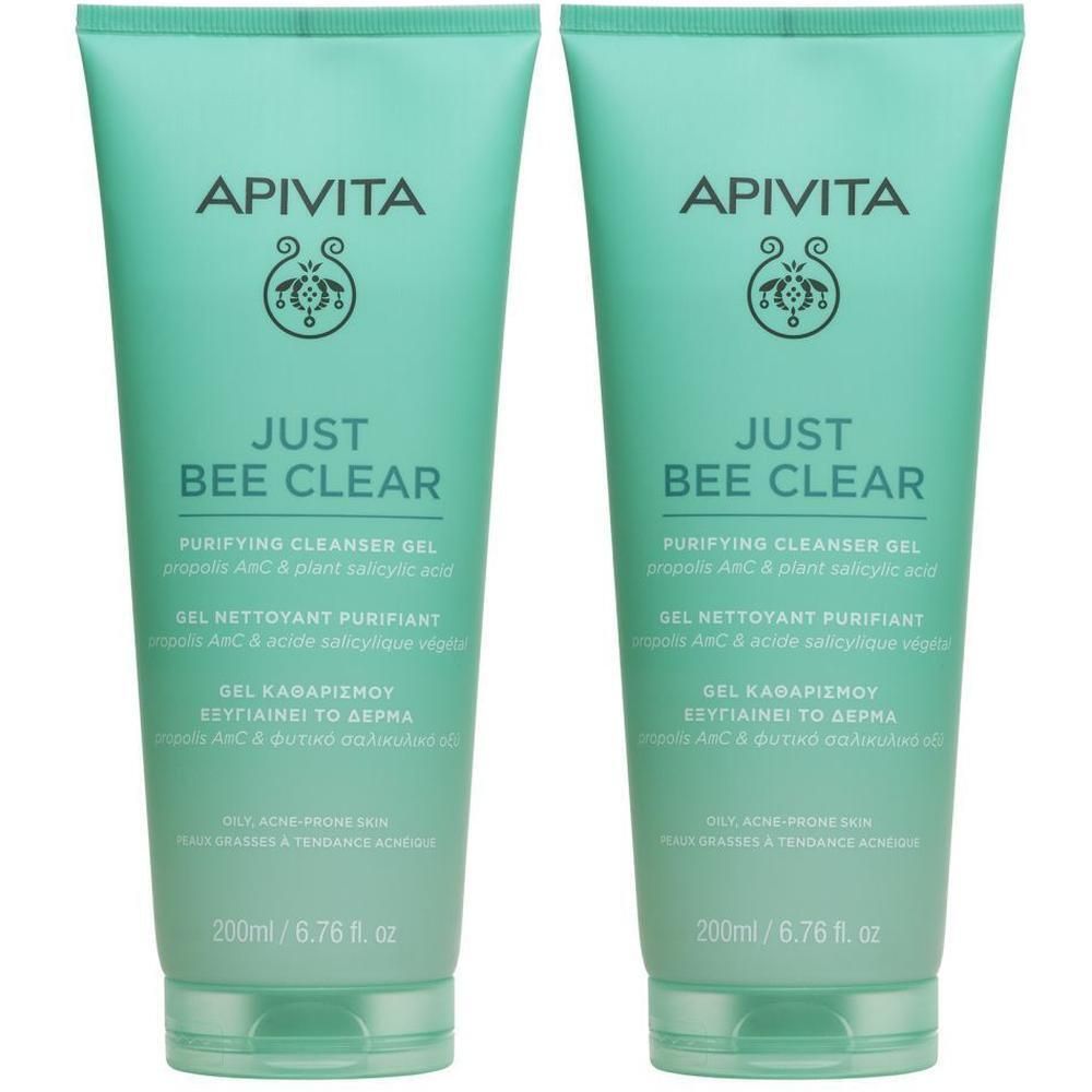 Deux tubes de gel Apivita Just Bee Clear, turquoise, avec informations.