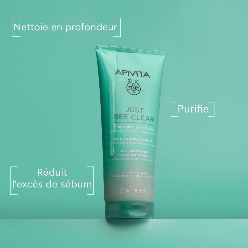 Gel Apivita Just Bee Clear, turquoise, avec textes: Nettoie en profondeur, réduit sébum.