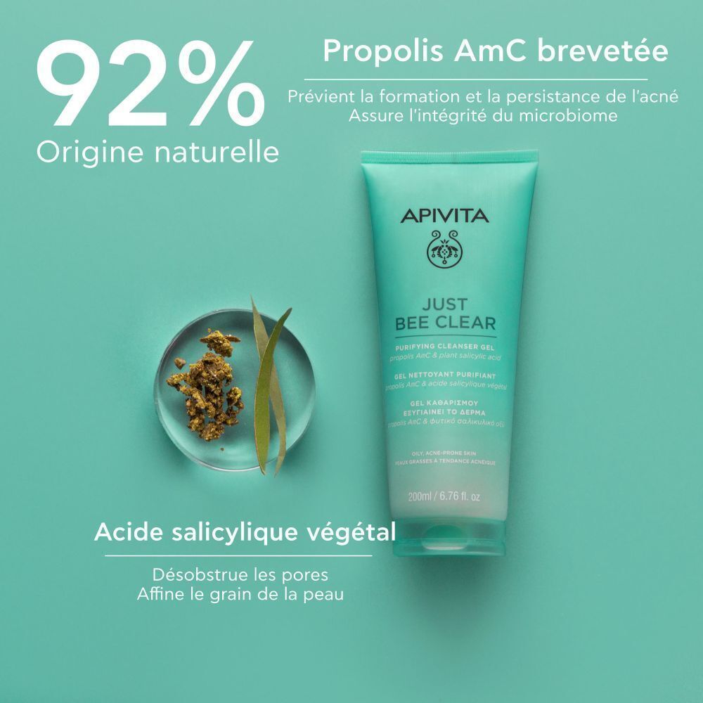Gel Apivita Just Bee Clear, turquoise, avec 92% origine naturelle et acide salicylique.