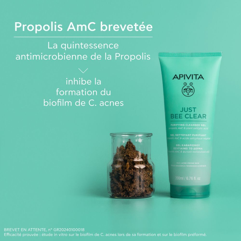 Gel Apivita Just Bee Clear, turquoise, avec Propolis AmC brevetée et texte.