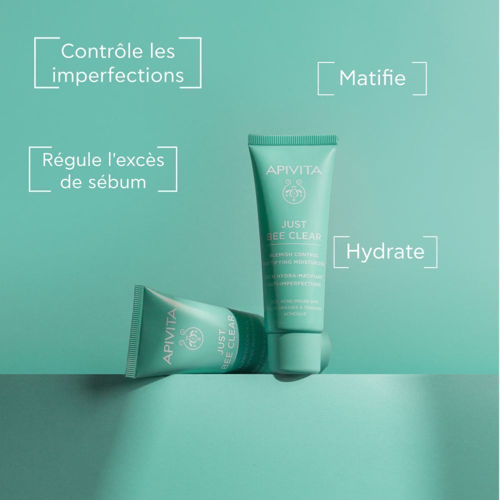 Deux tubes verts. Texte : Contrôle les imperfections, matifie, régule le sébum, hydrate.