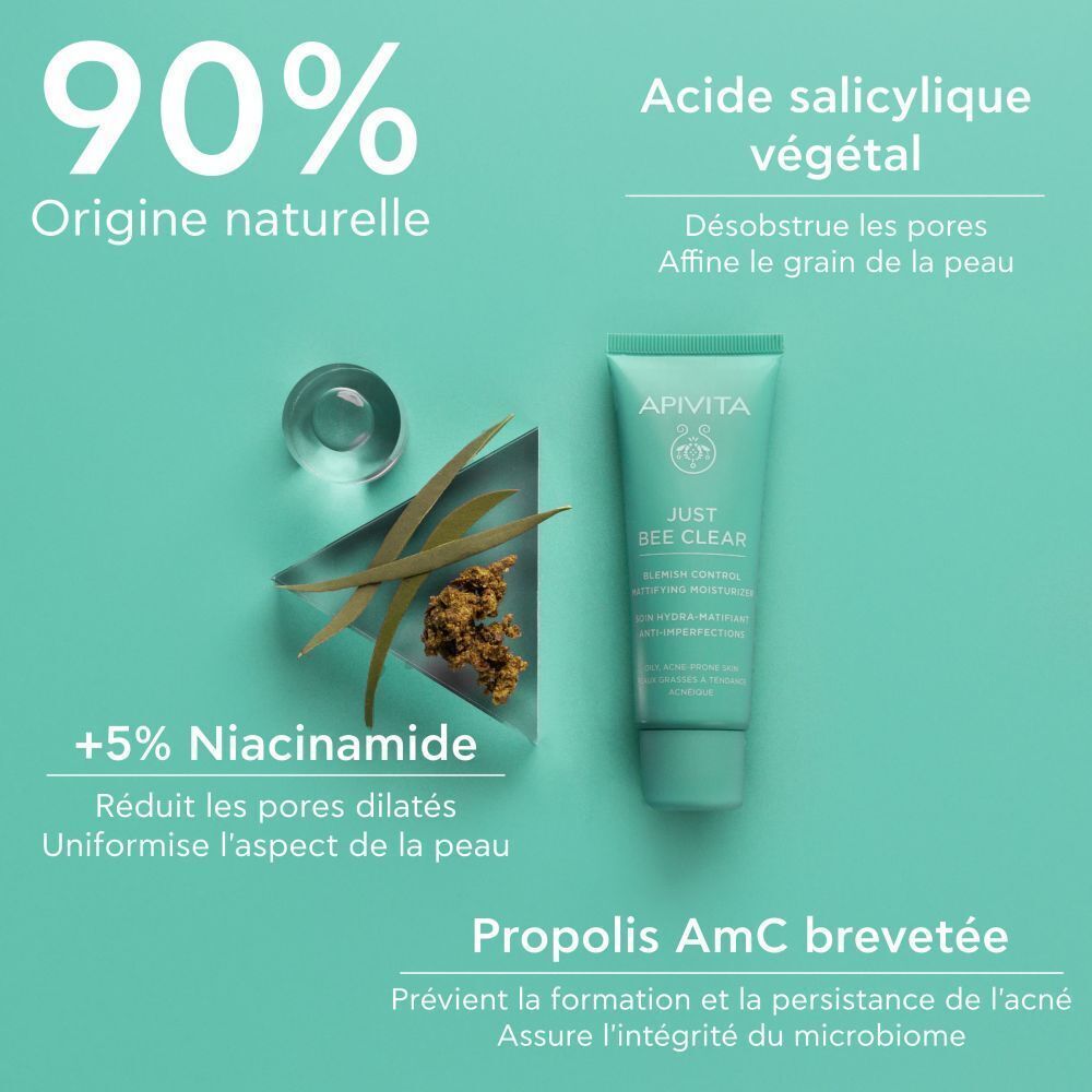 Tube de produit avec ingrédients. Texte : 90% origine naturelle, +5% Niacinamide, Propolis AmC.