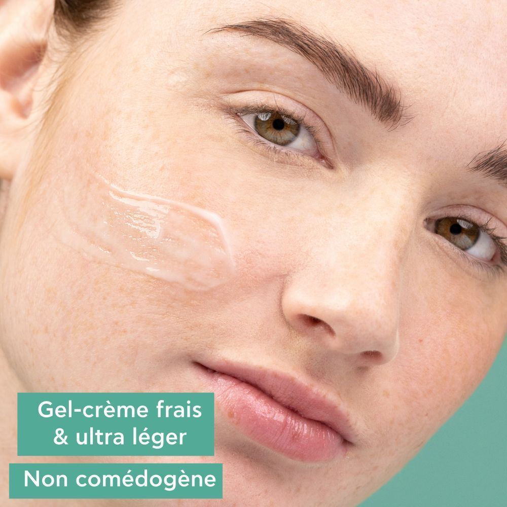 Visage avec gel-crème. Texte : Gel-crème frais & ultra léger, non comédogène.