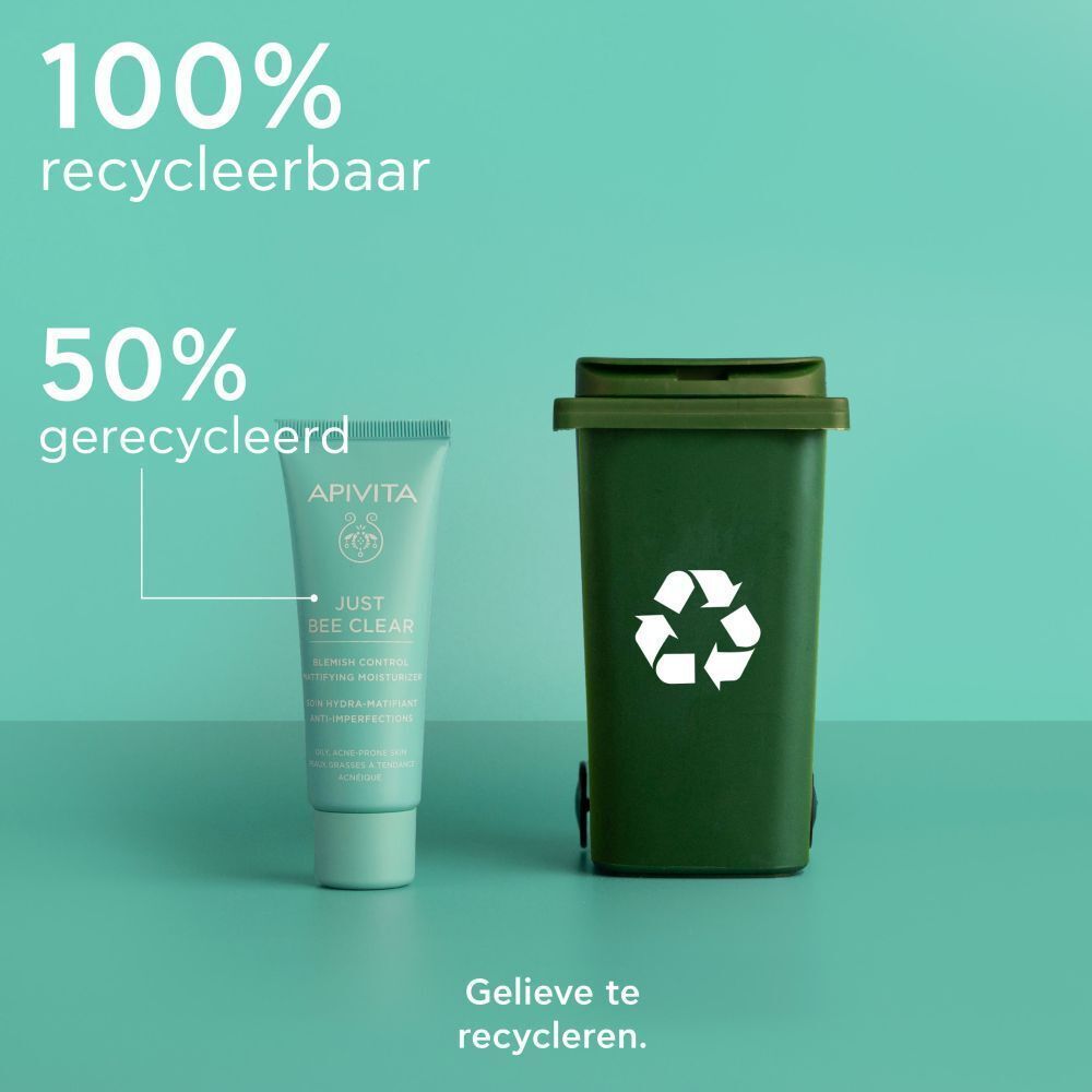 Tube met vuilnisbak. Tekst: 100% recyclebaar, 50% gerecycled. Gelieve te recycleren.