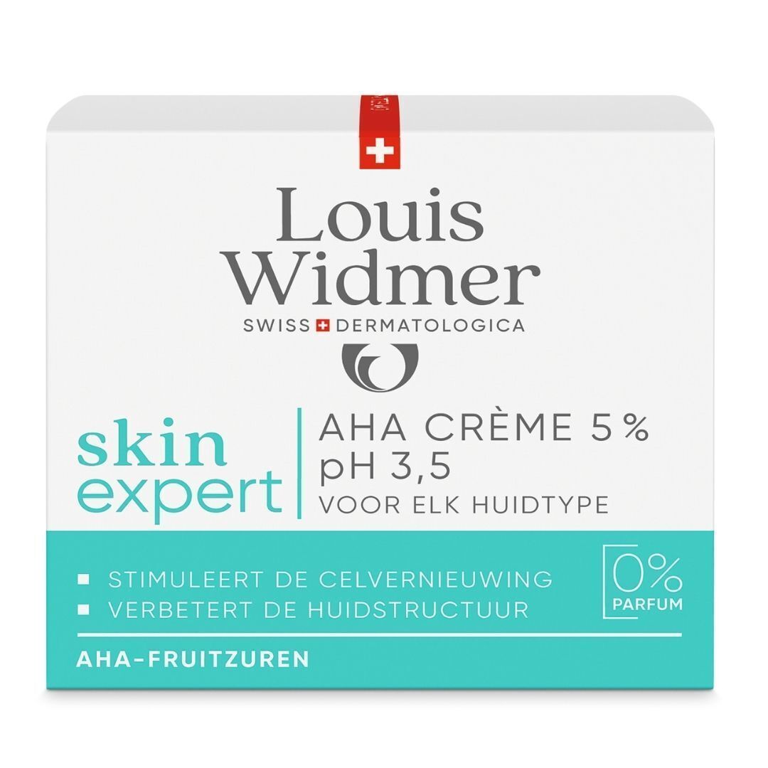 Verpakking van Louis Widmer skin expert AHA Crème 5% pH 3,5. Met rood kruis en opschrift '0% Parfum'.