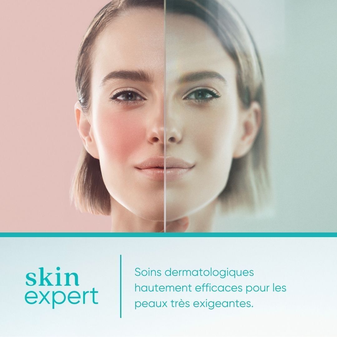 Visage d'une femme divisé en deux. Une moitié rouge, l'autre uniforme. Texte: skin expert, Soins dermatologiques.