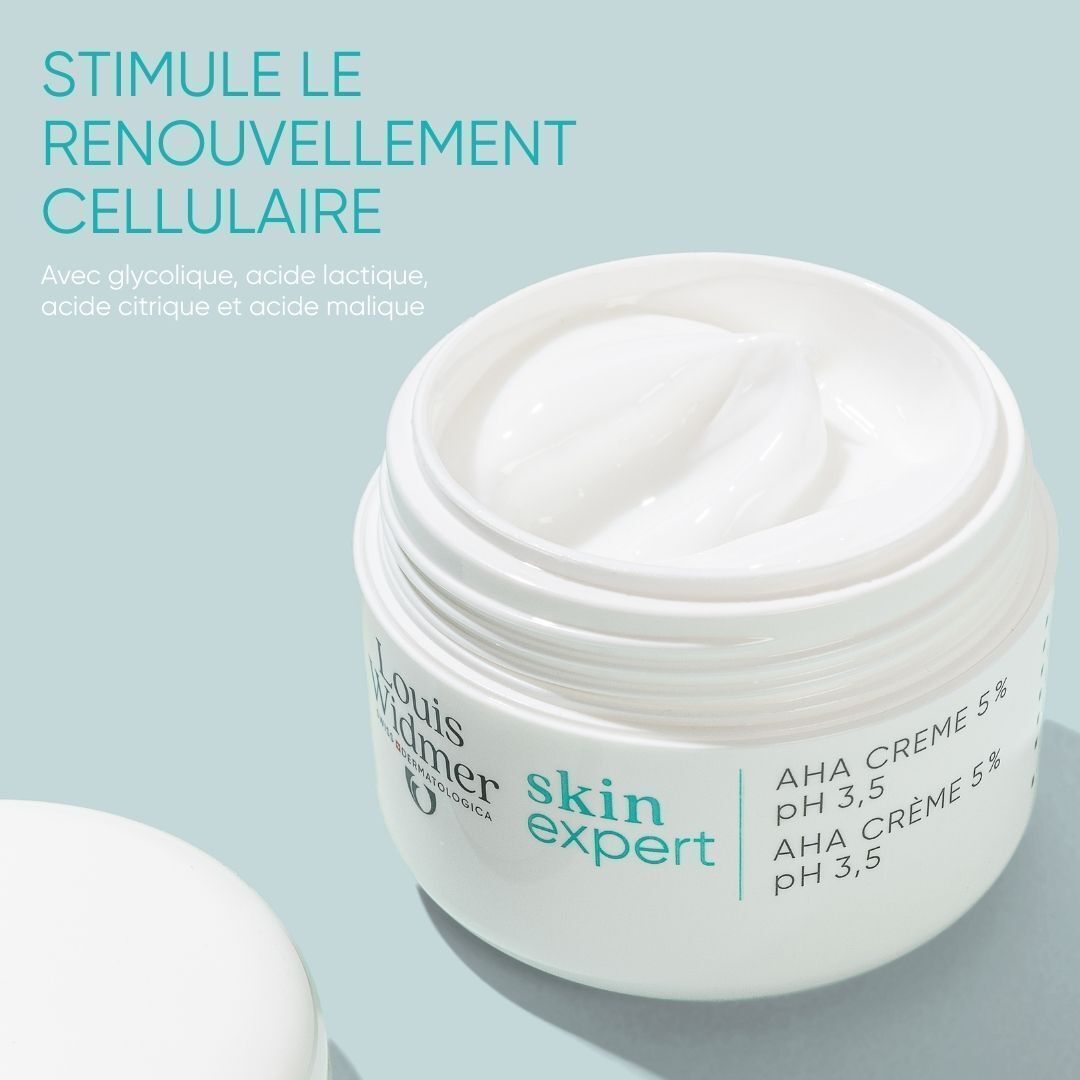 Pot ouvert avec crème. Inscription: Louis Widmer skin expert AHA Crème 5% pH 3,5. Texte: Stimule le renouvellement cellulaire.