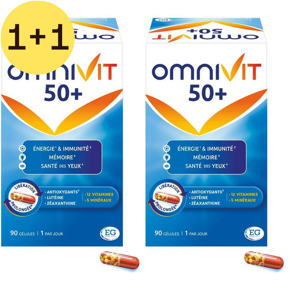 Deux boîtes Omnivit 50+. Inscription : Énergie & Immunité, Mémoire, Santé des Yeux. 90 gélules. Kapseln.