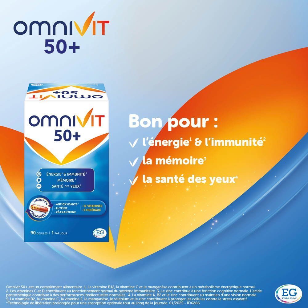 Boîte Omnivit 50+. Inscription : Énergie & Immunité, Mémoire, Santé des Yeux. 90 gélules. Texte : Bon pour : énergie, mémoire, santé des yeux.