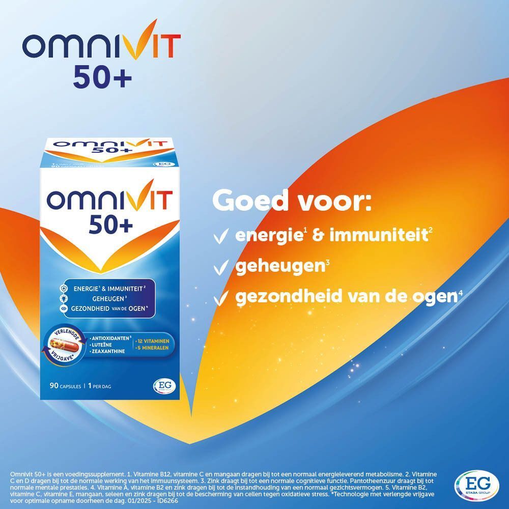 Omnivit 50+ doos. Opschrift: Energie & Immuniteit, Geheugen, Gezondheid van de ogen. 90 capsules. Tekst: Goed voor: energie, geheugen, ogen.