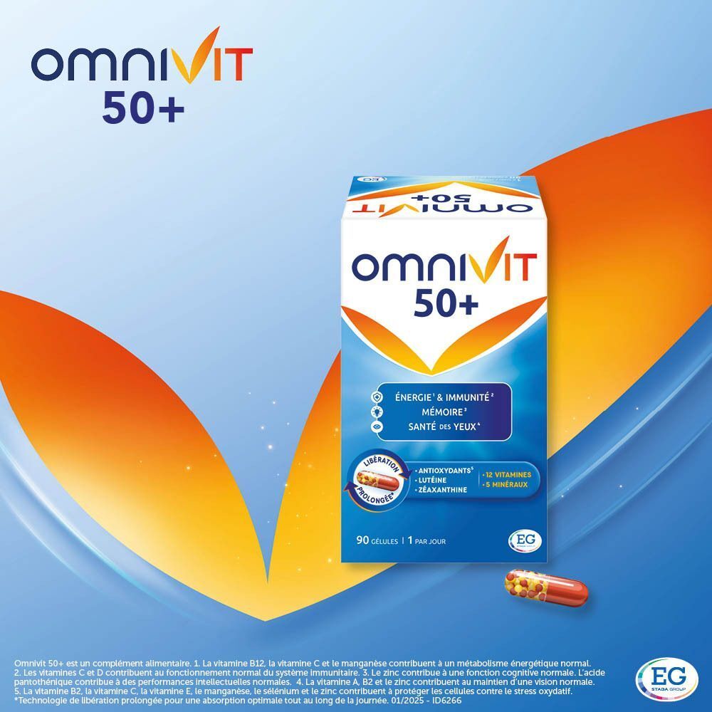 Boîte Omnivit 50+. Inscription : Énergie & Immunité, Mémoire, Santé des Yeux. 90 gélules.