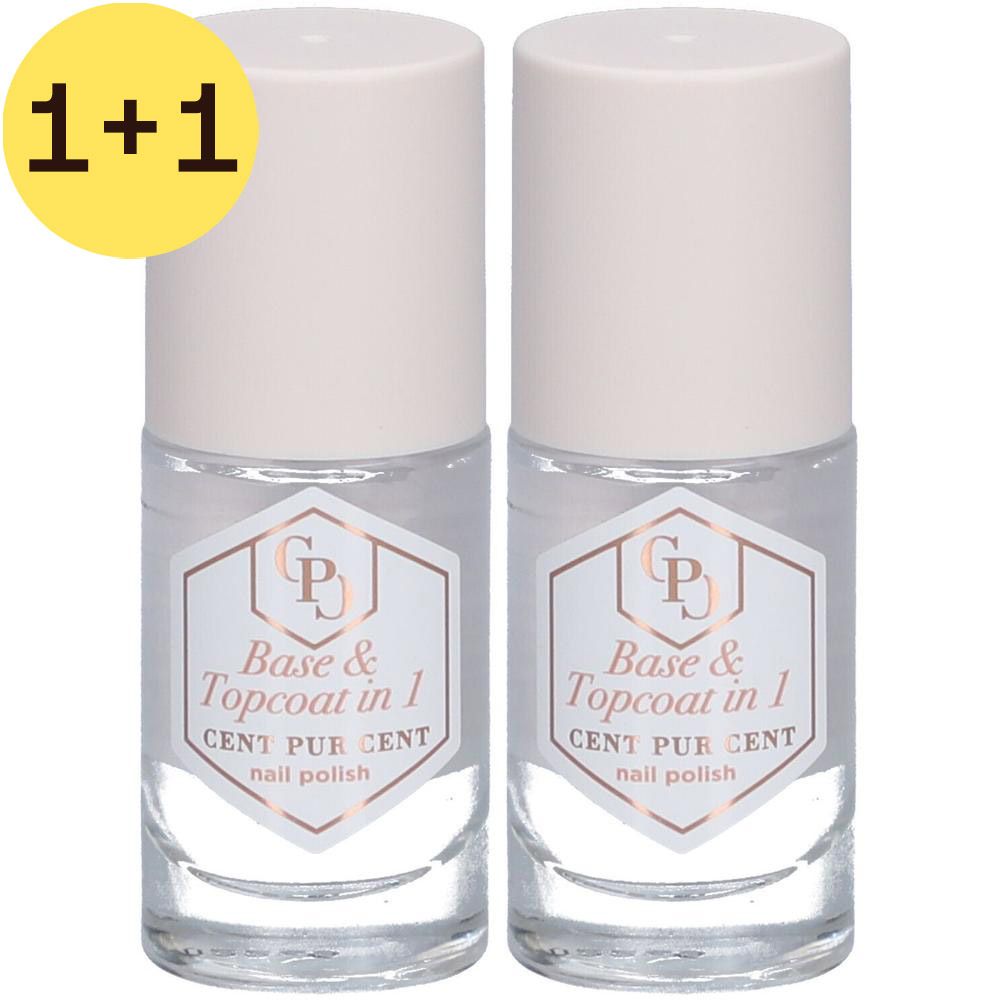 Twee flessen nagellak. Opschrift: Base & Topcoat in 1, CENT PUR CENT nail polish. Transparante vloeistof, witte dop.