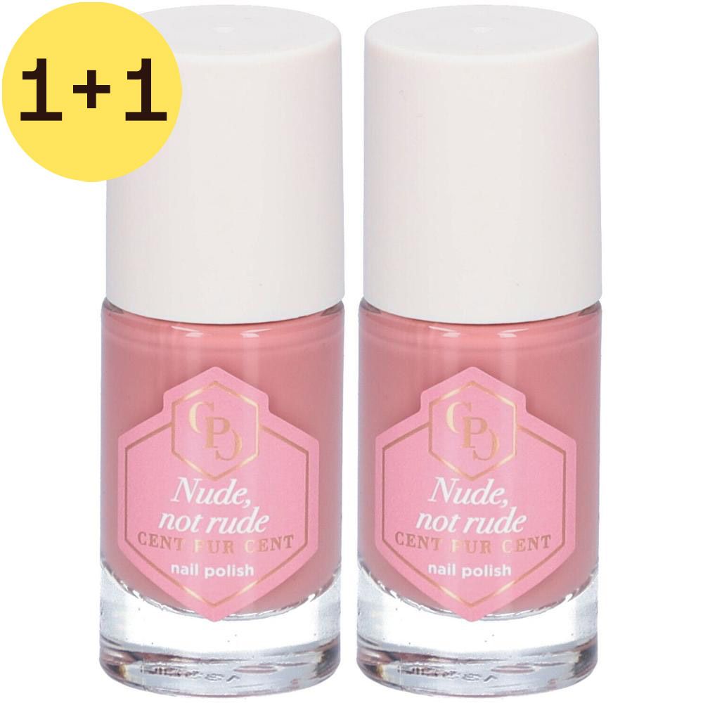 Deux flacons de vernis à ongles rose-beige. Sur les étiquettes : Nude, not rude, CENT FUR CENT, vernis à ongles.