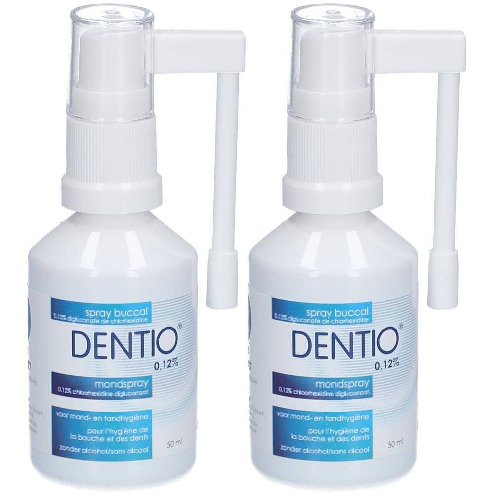 Twee witte sprayflacons Dentio® 0,12% mondspray met applicator.