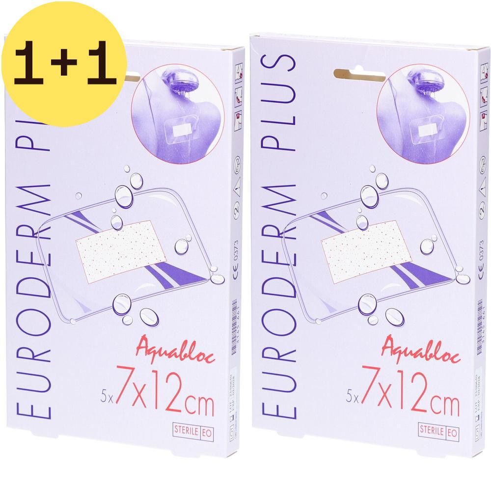 Twee verpakkingen Euroderm Plus. Opschrift: Aquabloc, 5x7x12cm. Steriel EO. CE-markering. Verpakking met productafbeelding.