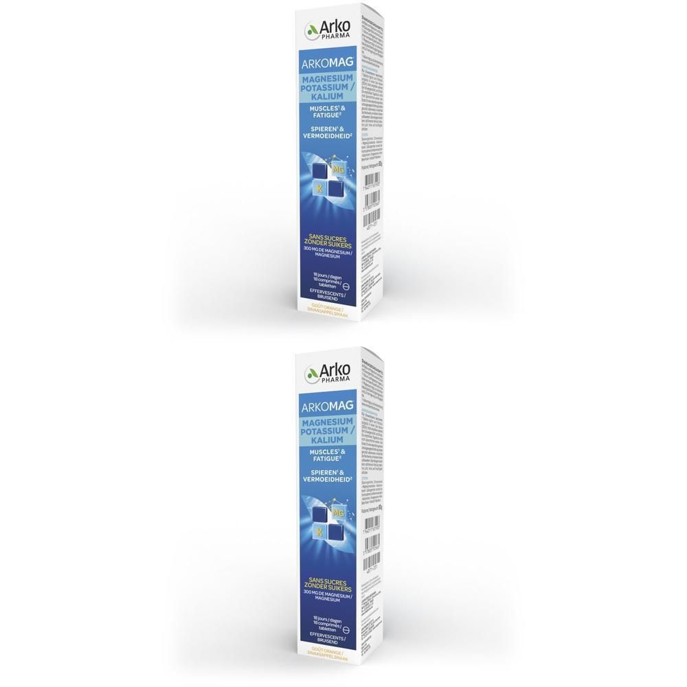 Twee dozen met "Arkomag Magnesium/Kalium". Arkopharma logo. Blauw en witte verpakking. Meertalige tekst.