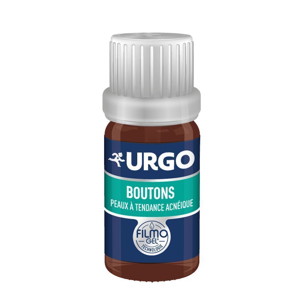 Flacon marron avec bouchon blanc. Inscription: URGO Boutons, Peaux à tendance acnéique. Logo Filmogel.